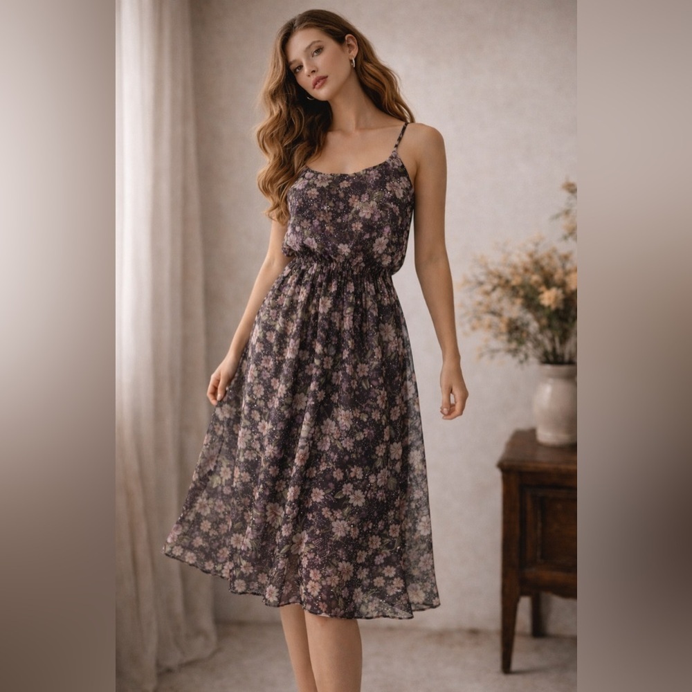 Vintage floral shimmer/metallic dress (no slip), size S